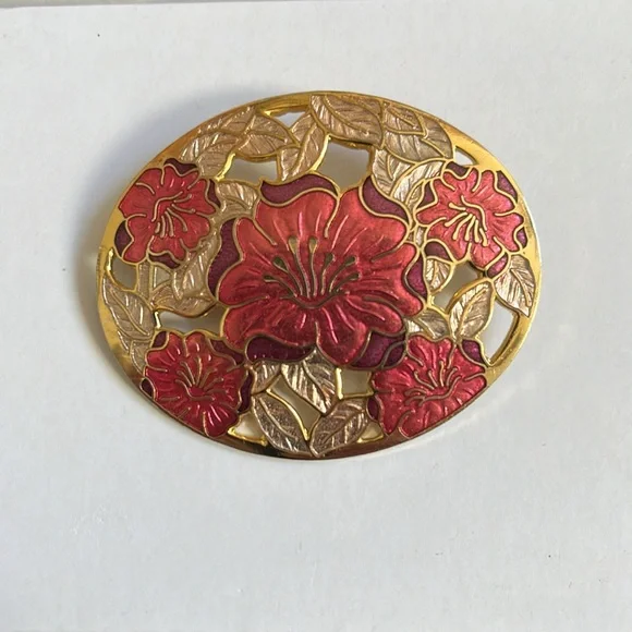 Fish and Crown Oval Gold Tone Cloisonne Floral Brooch with Cutouts - Picture 1 of 5